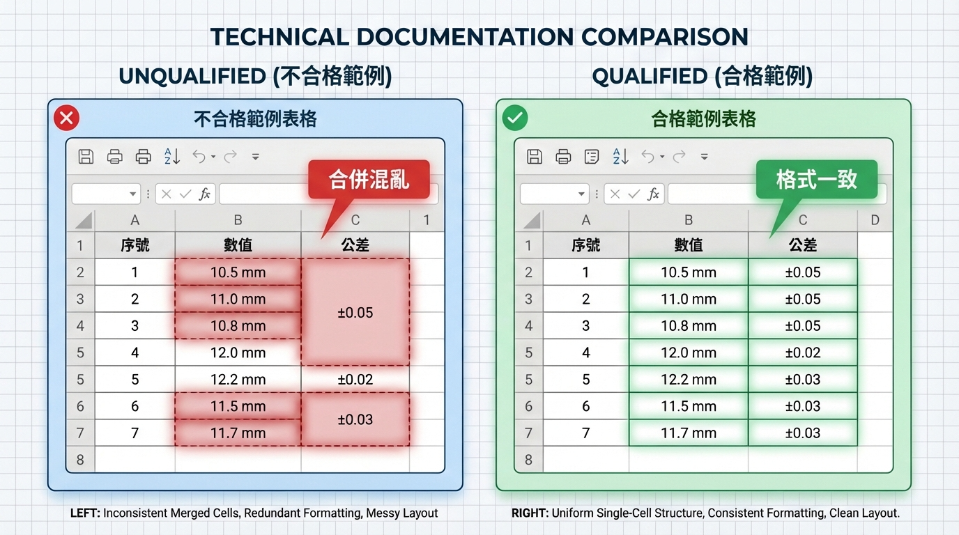 表格格式：合併混亂 vs. 格式一致