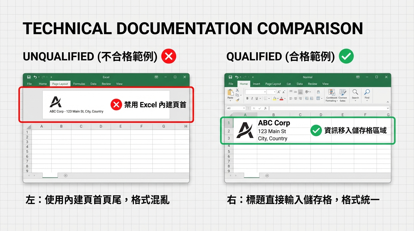 頁首使用：內建頁首 vs. 儲存格區域